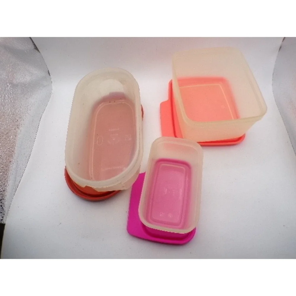 Vintage Tupperware Modular Mates Set 3‎ Clear Bases Red Pink Coral Lids Retro
